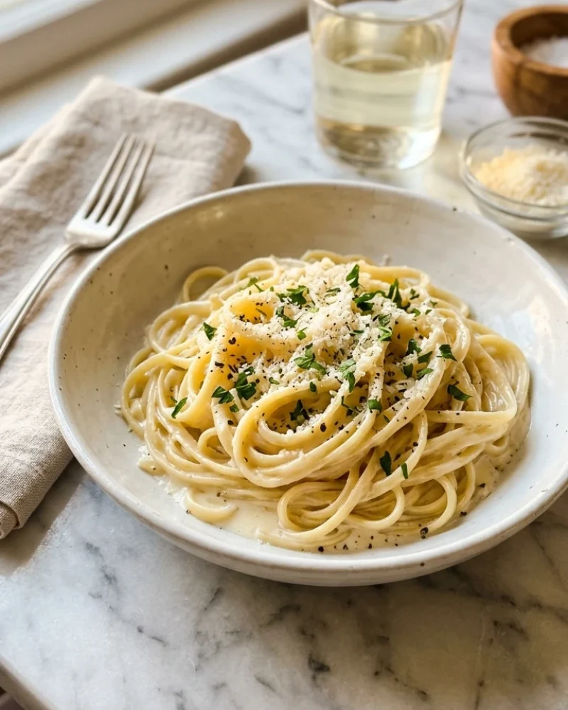 Overhead view of One Pot Creamy Garlic Pasta with a green side salad and Parmesan on white marble for a complete weeknight dinner