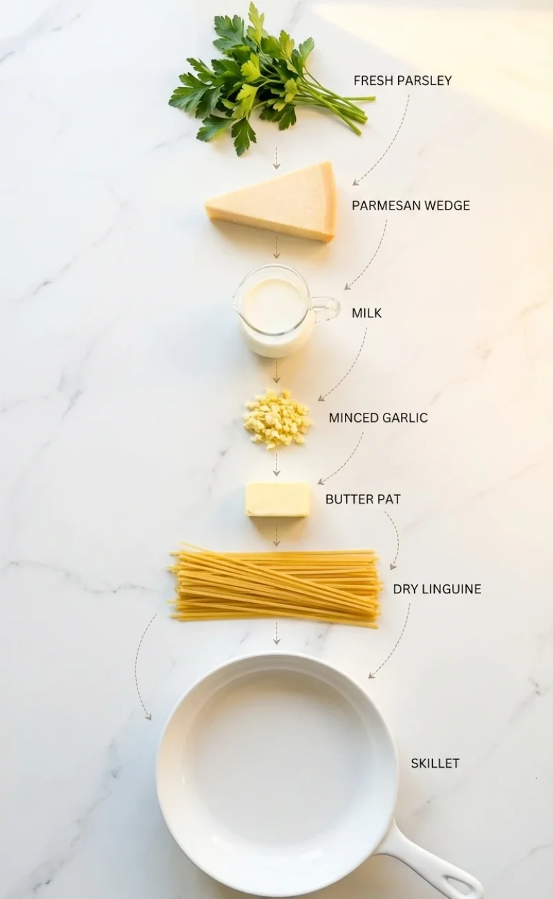 Exploded view flatlay of all 11 ingredients for One Pot Creamy Garlic Pasta arranged above a silver pot on white marble