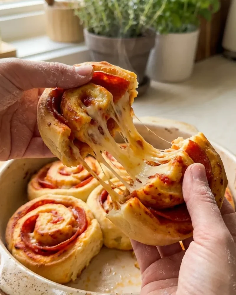 Two hands pulling apart a freshly baked pepperoni pizza roll with melted cheese stretching