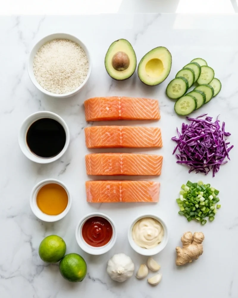 Ingredients for crispy salmon and rice bowl including salmon fillets, rice, avocado, cucumber, cabbage, soy sauce, and mayonnaise laid out on a marble counter