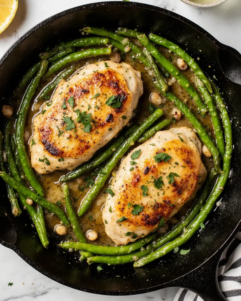 Overhead view of garlic butter chicken and green beans served from a skillet on a marble counter