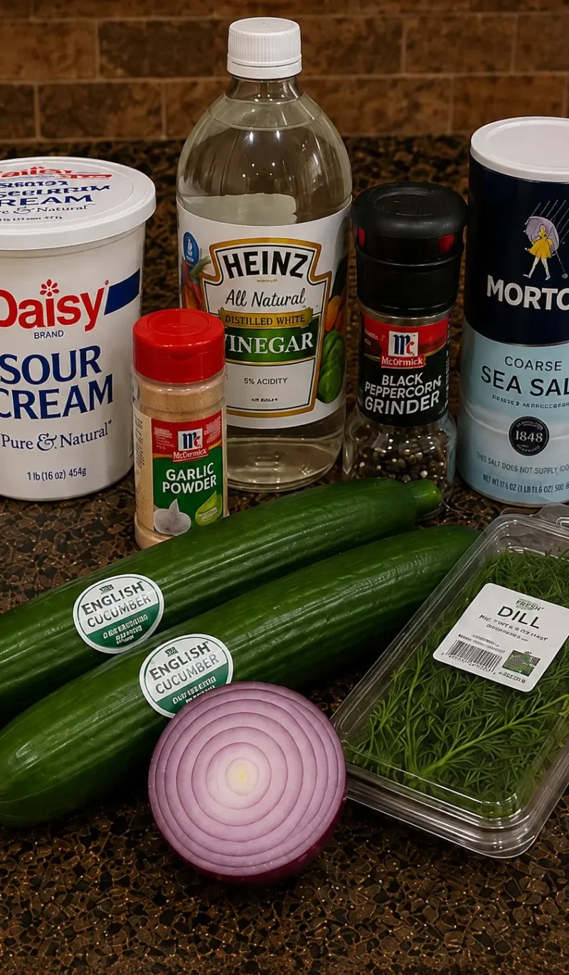 all 7 ingredients for cucumber dill salad arranged vertically on black marble