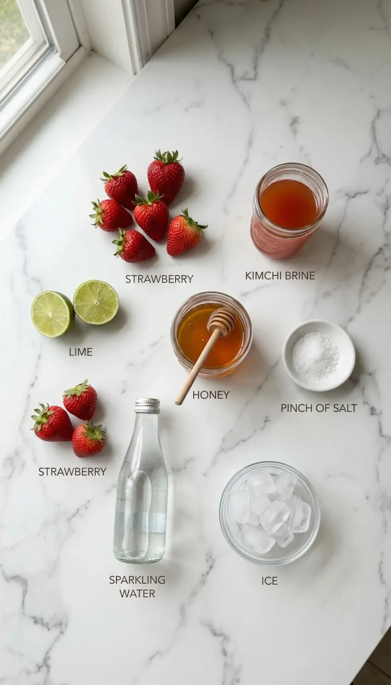 All ingredients for a kimchi mocktail laid flat on white marble including strawberries, lime, and kimchi brine