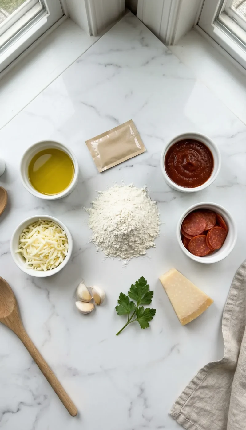 Ingredients for pepperoni pizza rolls including flour, yeast, pepperoni, mozzarella cheese, pizza sauce, and garlic butter on a marble counter