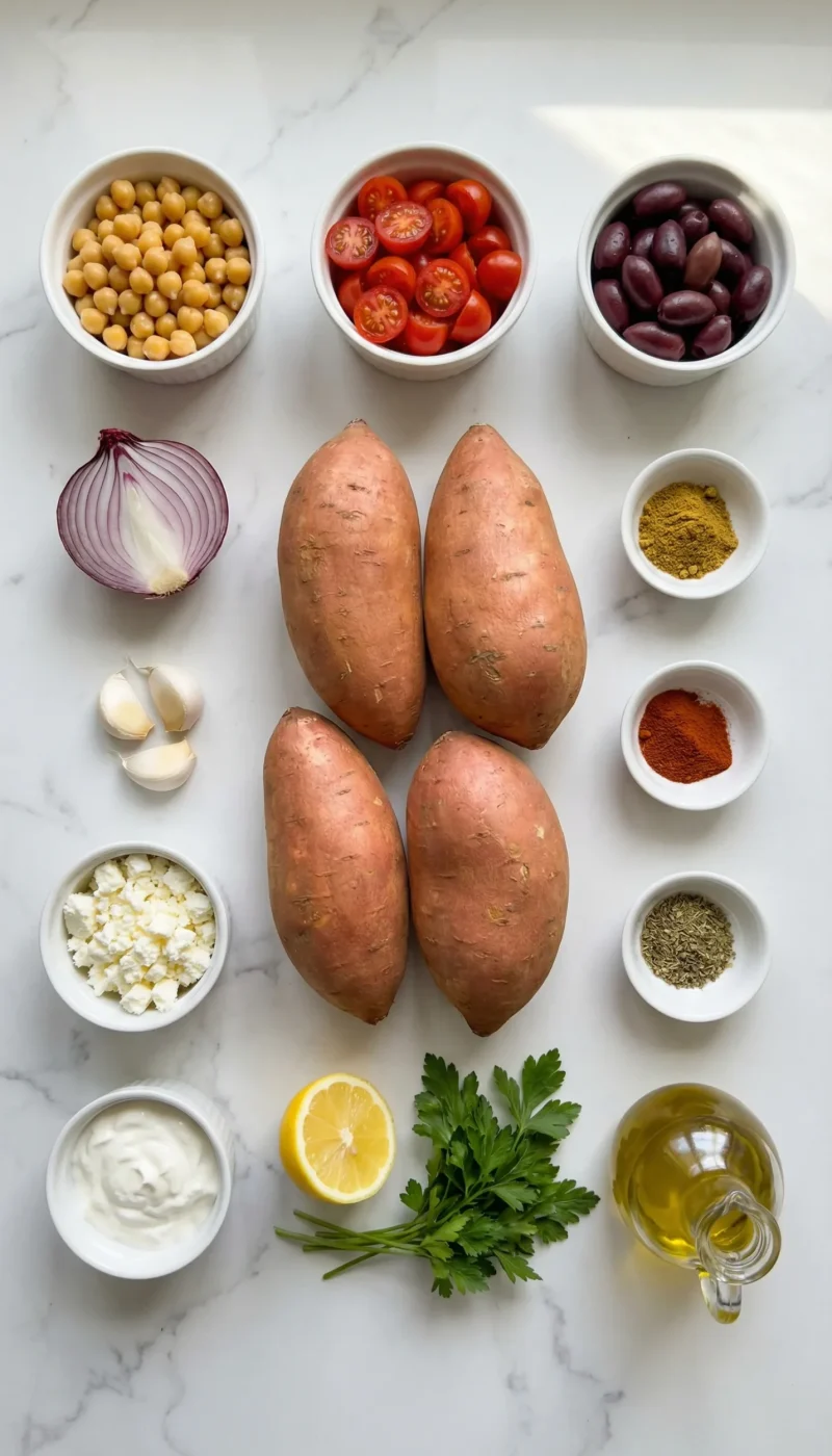 Overhead flat-lay of all ingredients for Mediterranean stuffed sweet potato boats including sweet potatoes, chickpeas, cherry tomatoes, feta, olives, and spices arranged on white marble
