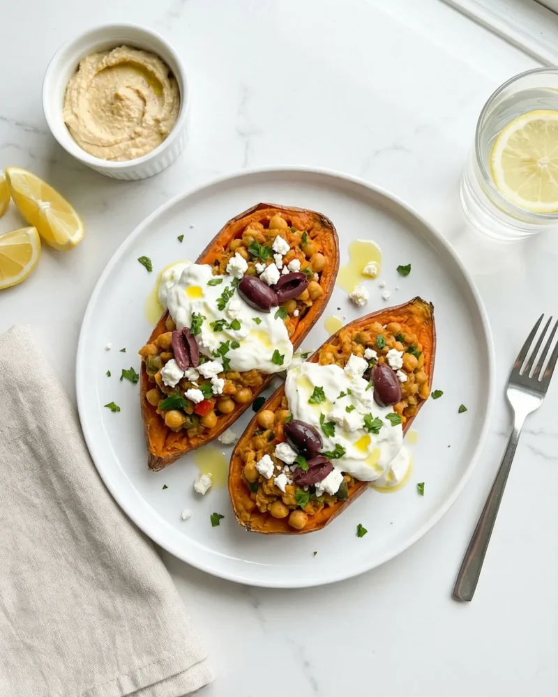 Overhead view of Mediterranean stuffed sweet potato boats served on a white plate with a side of hummus and lemon wedges on a marble counter