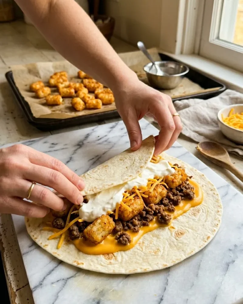 Hands assembling a cheesy potato burrito with tater tots, seasoned beef, nacho cheese, and sour cream on a flour tortilla.