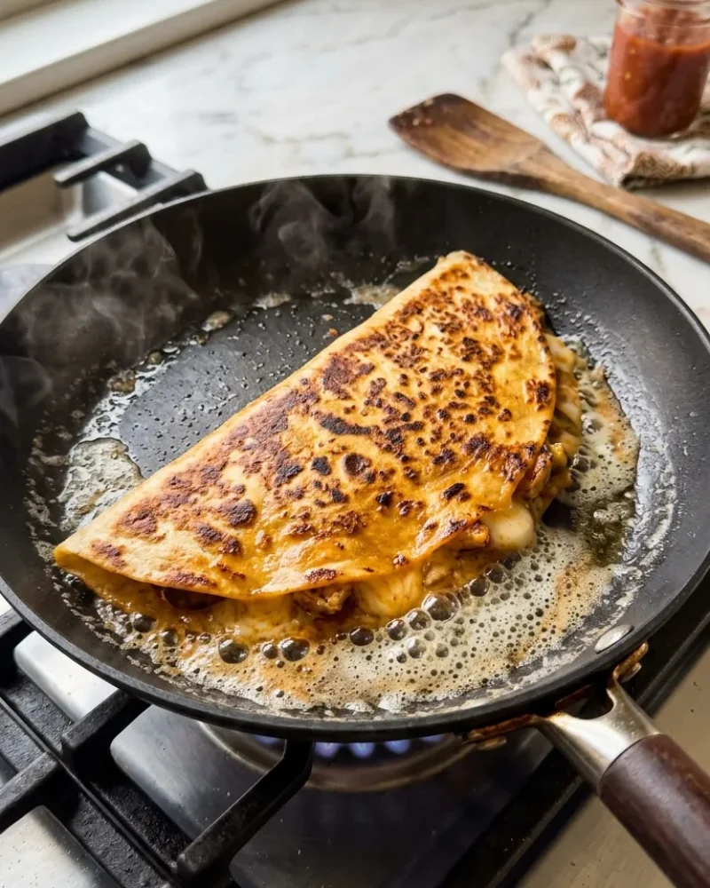 Golden brown high protein chicken ranch quesadilla cooking in a skillet with melted butter.