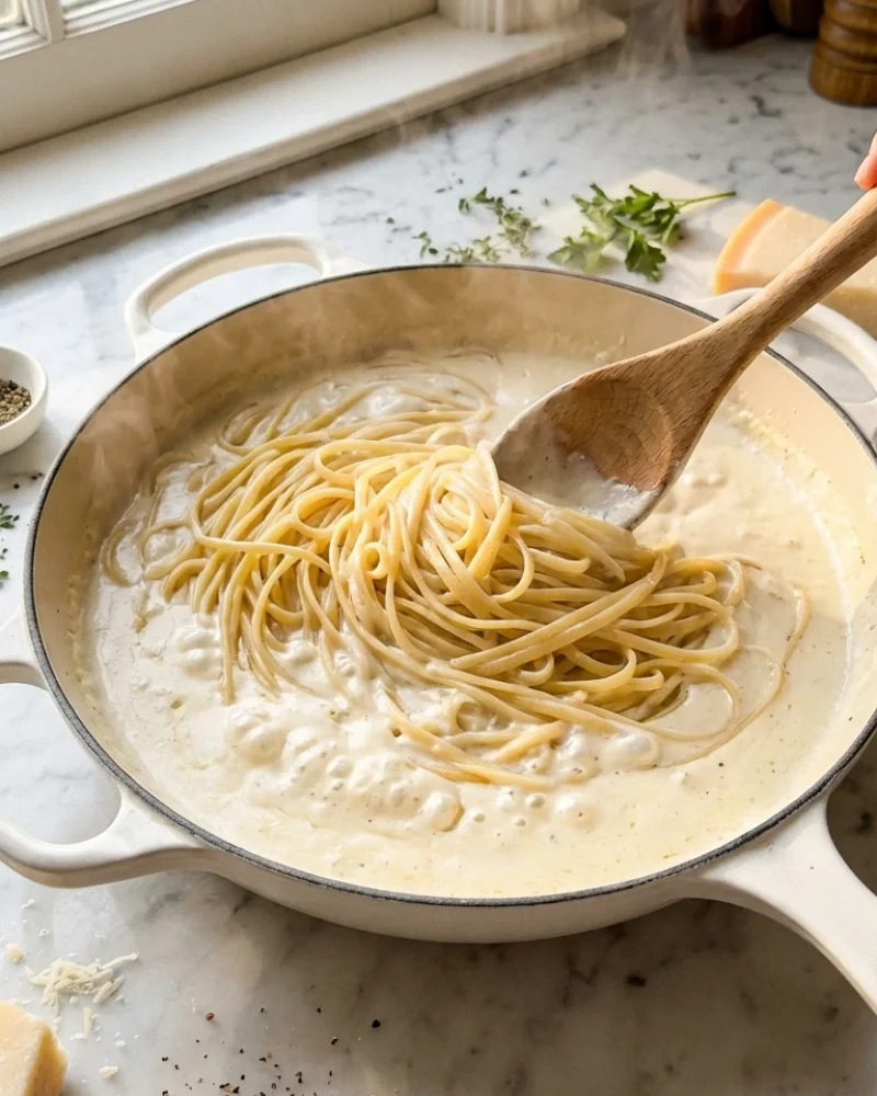 Stirring One Pot Creamy Garlic Pasta in a wide silver pot with creamy sauce coating the spaghetti and steam rising
