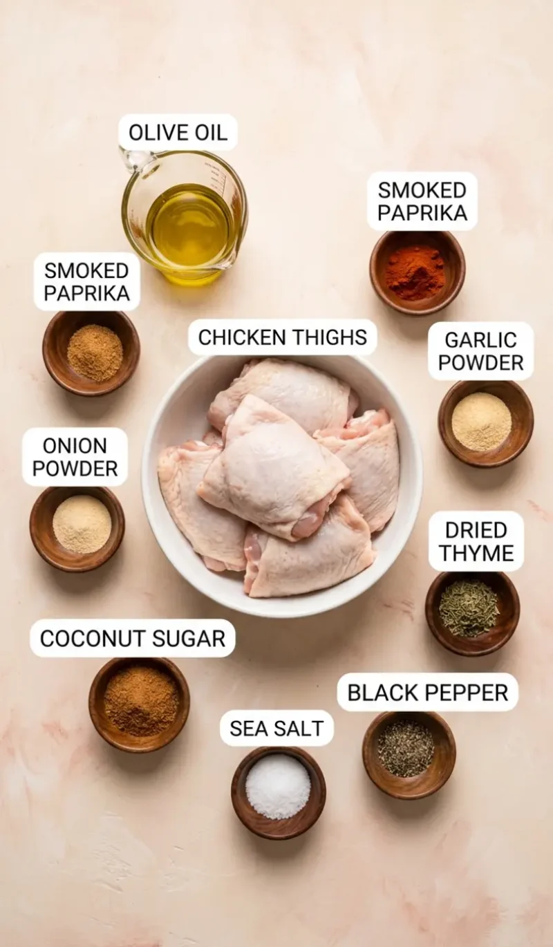 all 9 ingredients for air fryer chicken thighs arranged on a cream and blush plaster surface