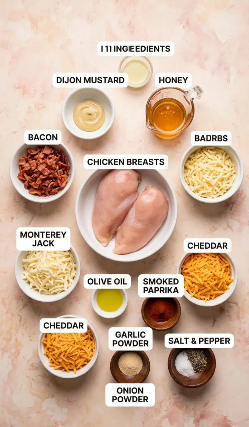 Labelled overhead flatlay of all 11 ingredients for Alice Springs Chicken (Outback Copycat) on a cream and blush plaster surface, each ingredient named