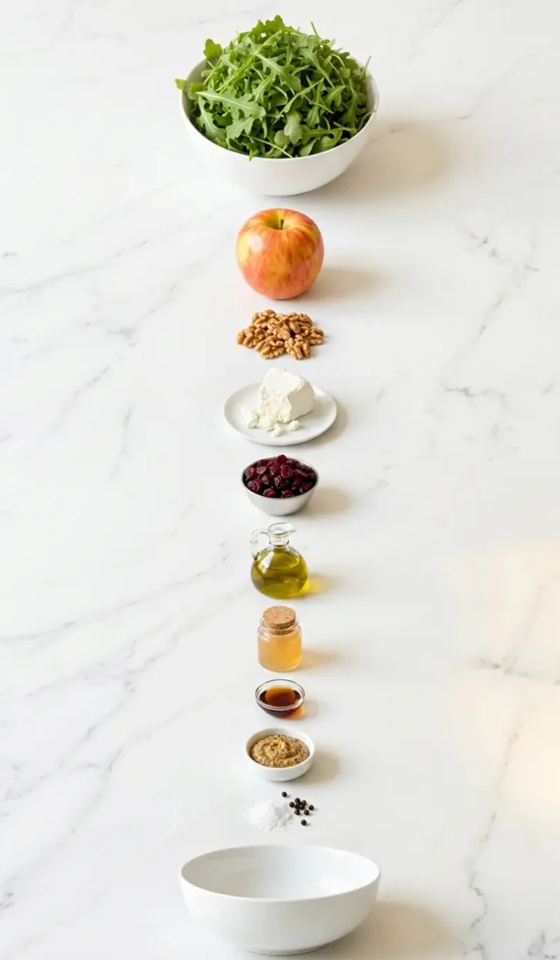 all 10 ingredients for apple arugula salad arranged vertically on white marble