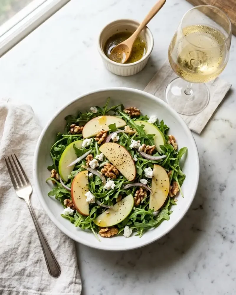 overhead view of apple arugula salad with wine and extra dressing on marble