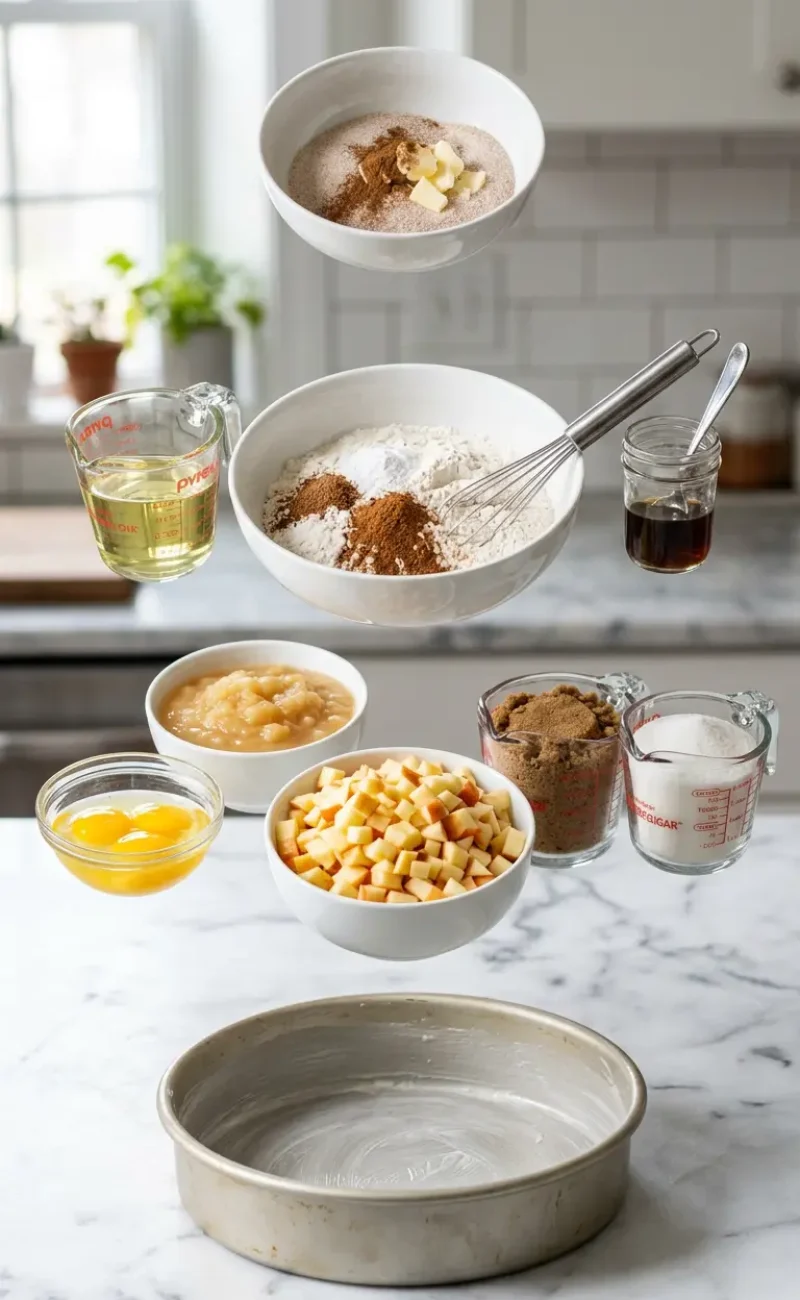 Exploded view of all ingredients for apple fritter cake arranged vertically
