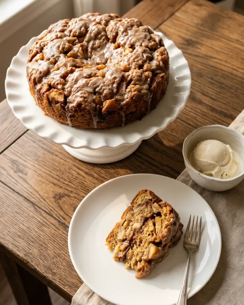 Overhead view of apple fritter cake with slice and vanilla ice cream