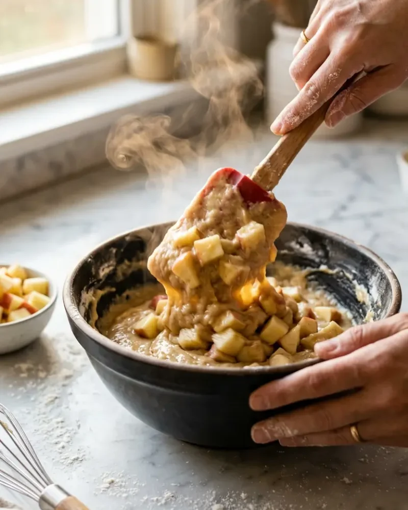 Folding diced apples into apple fritter cake batter with rubber spatula