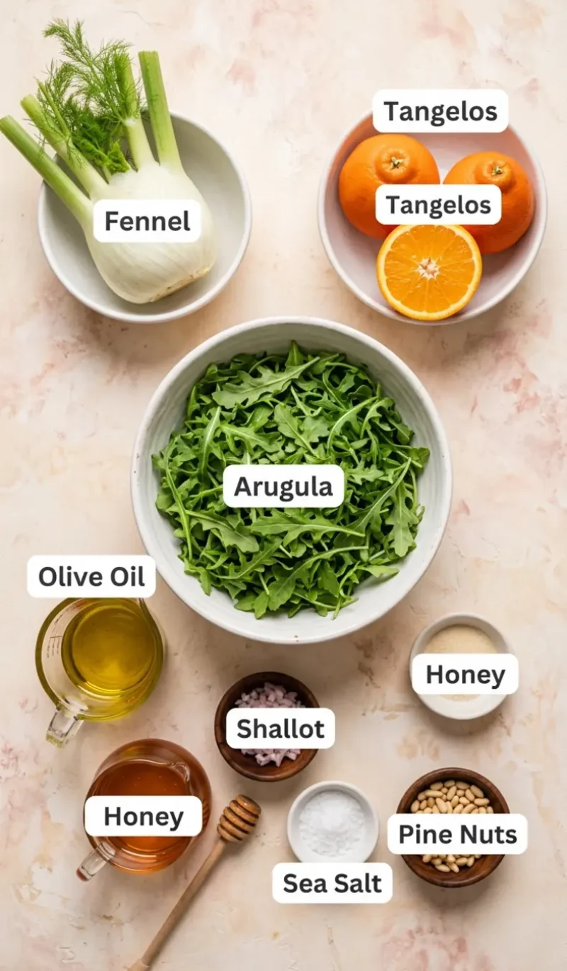 all 8 ingredients for refreshing arugula, fennel, and tangelo salad arranged on a cream and blush plaster surface