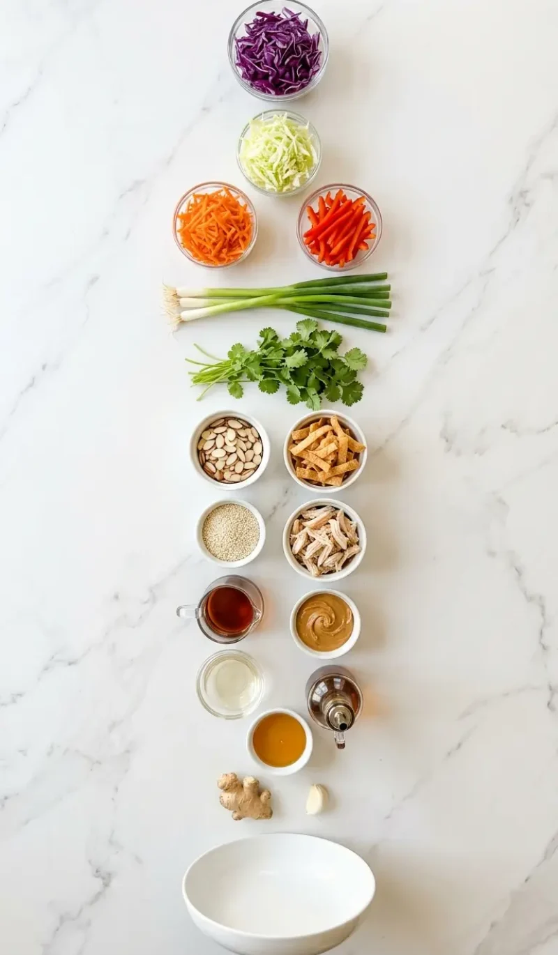 Exploded view of all 18 ingredients for Asian crunch salad arranged vertically on white marble