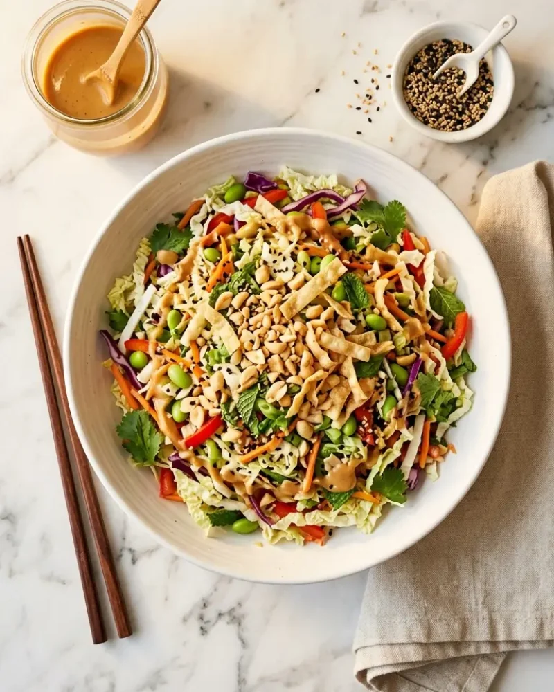 Overhead view of Asian crunch salad bowl with peanut dressing and chopsticks on white marble