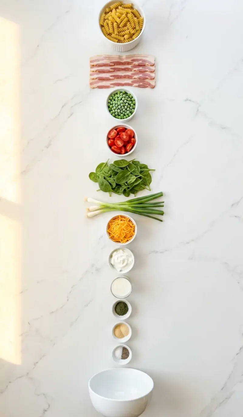 Exploded view of all 12 ingredients for Bacon Ranch Pasta Salad arranged vertically on white marble