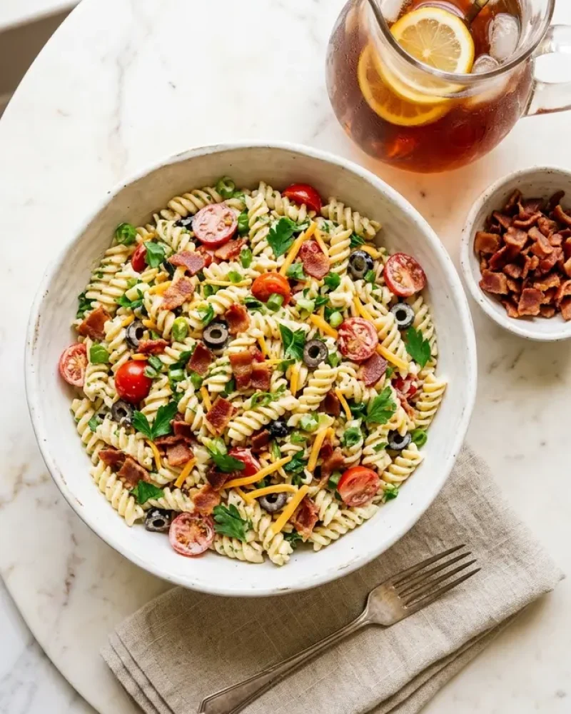 Overhead view of Bacon Ranch Pasta Salad with side of iced tea and extra bacon on white marble
