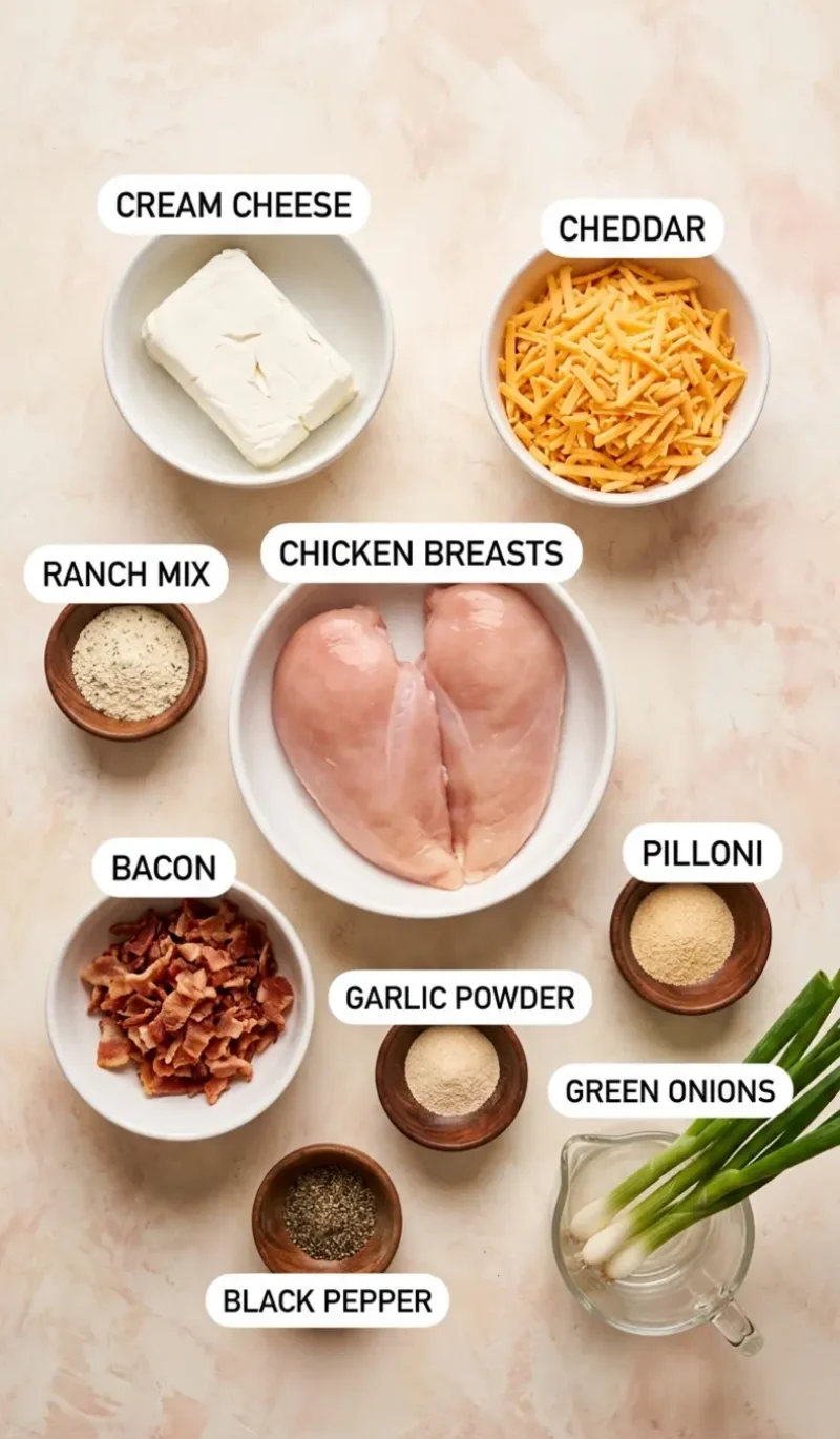 8 labelled ingredients for baked crack chicken breasts arranged on cream plaster surface including chicken cream cheese cheddar and bacon