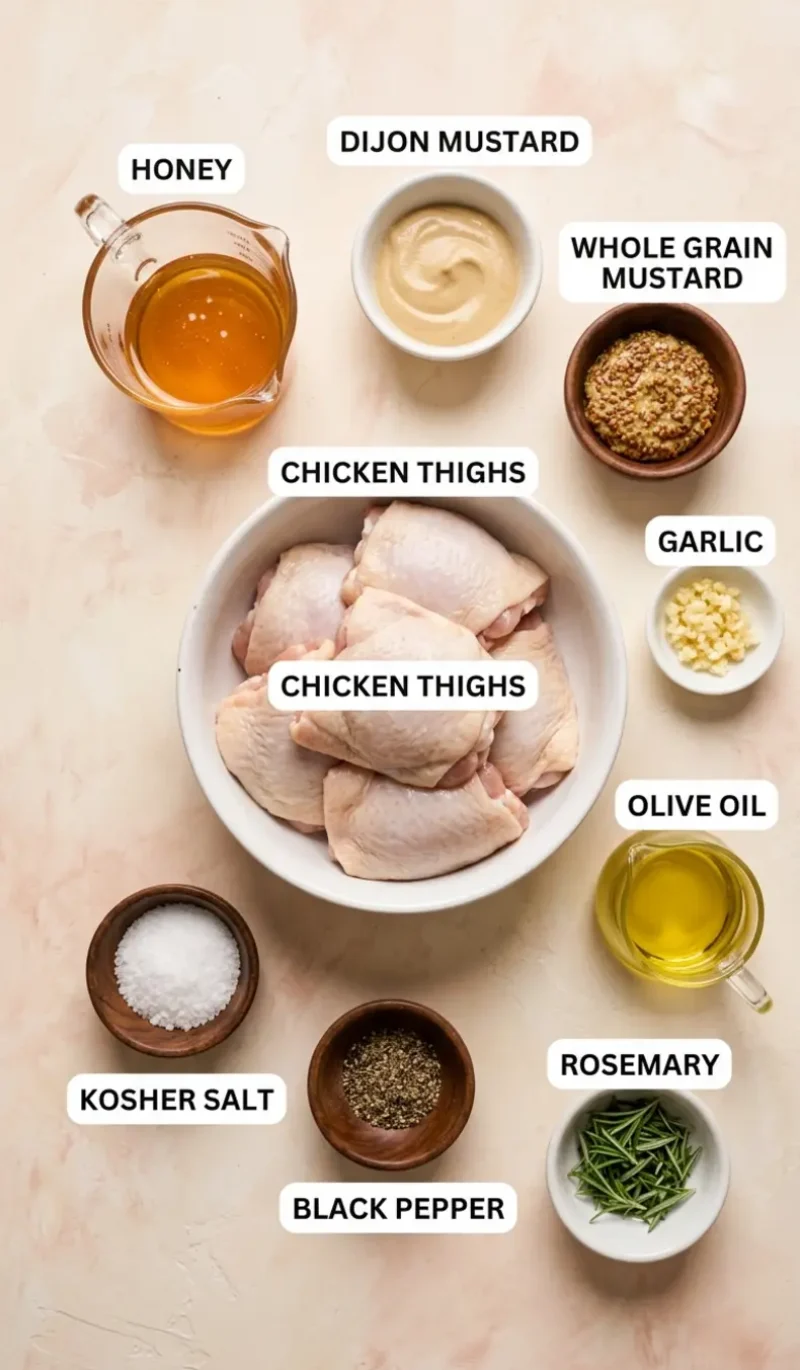 all 9 ingredients for baked honey mustard chicken thighs arranged on a cream and blush plaster surface
