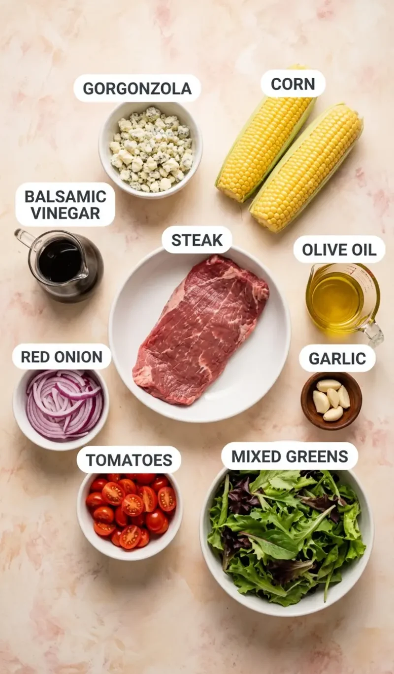 all 9 ingredients for Balsamic Steak Gorgonzola Salad with Grilled Corn arranged on a cream and blush plaster surface