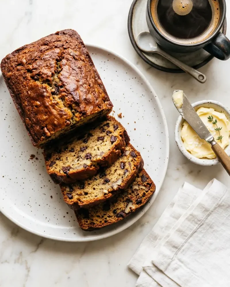 Overhead view of sliced banana bread recipe with butter and coffee on white marble