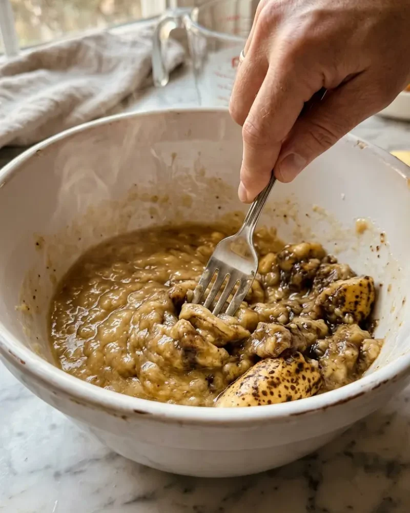 Mashing ripe bananas in a bowl during banana bread recipe preparation