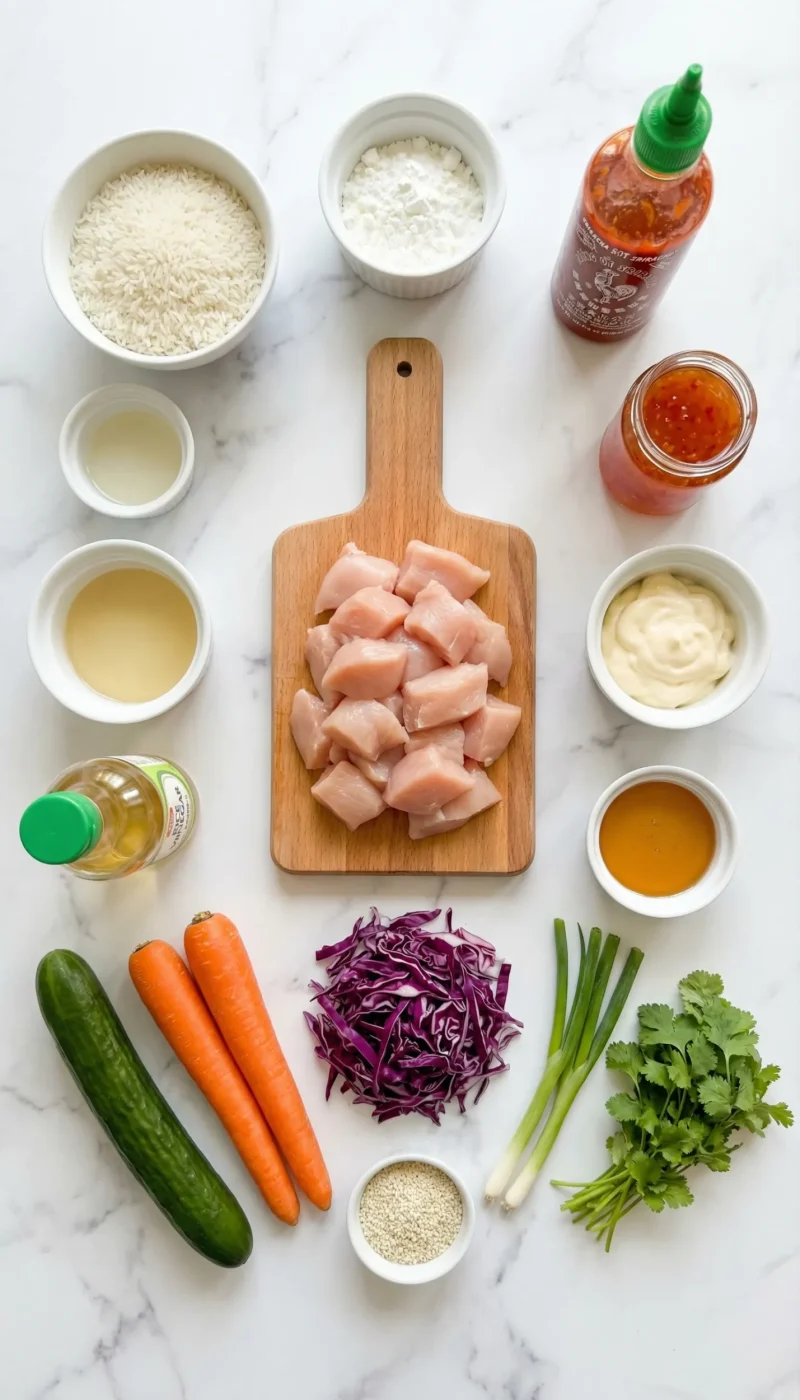 Overhead flat-lay of all ingredients for bang bang chicken bowl including chicken, cornstarch, sriracha, sweet chili sauce, rice, and fresh vegetables on white marble