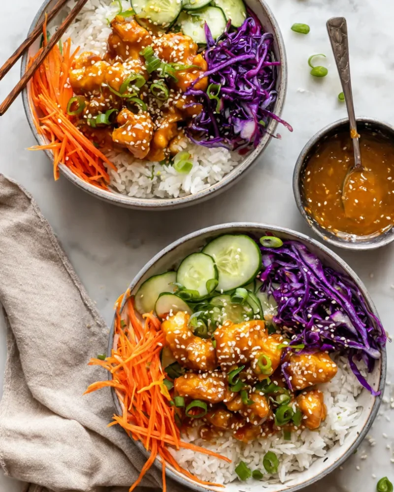 Overhead view of two assembled bang bang chicken bowls healthy recipes with crispy chicken, fresh vegetables, rice, and a side of extra sauce on a marble counter
