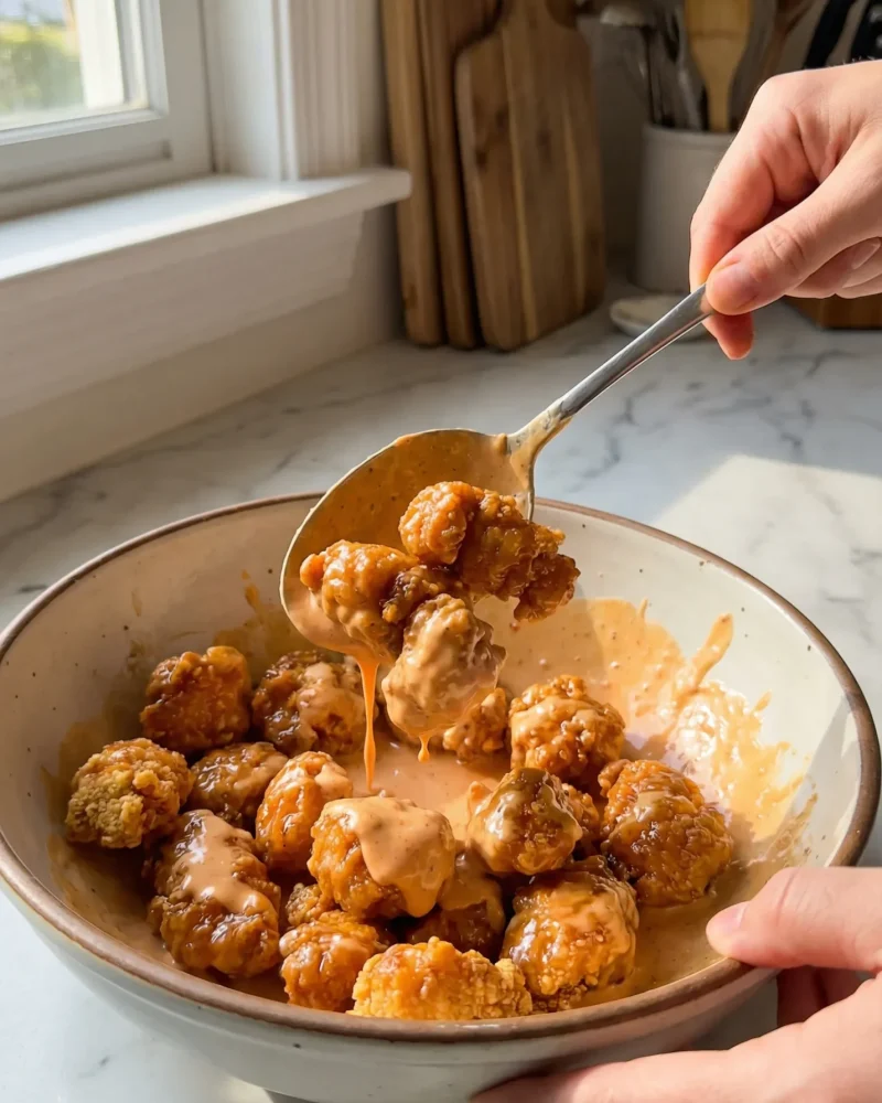 Crispy golden chicken pieces being tossed in creamy bang bang sauce in a mixing bowl