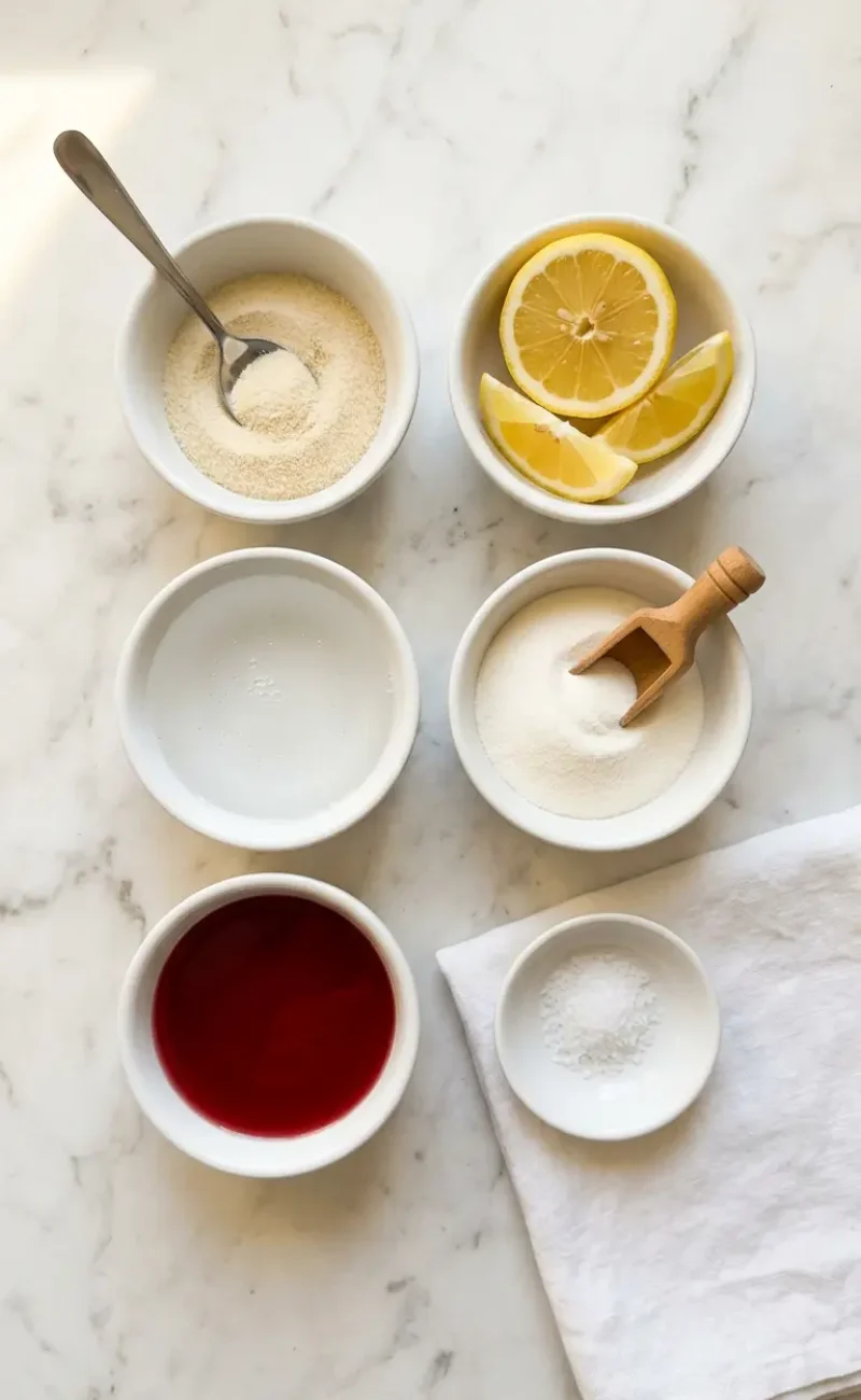 Overhead flatlay of all bariatric gelatin recipe ingredients in small white bowls on white marble