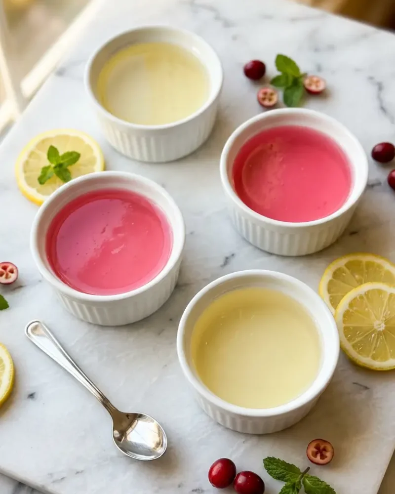 Overhead view of finished bariatric gelatin recipe cups ready to serve with lemon and cranberry garnish
