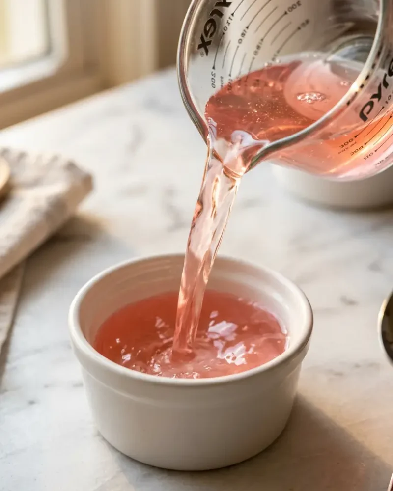 Pink gelatin liquid being poured into white ramekin during bariatric gelatin recipe preparation