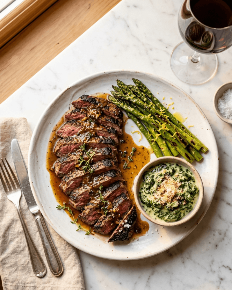 Overhead view of plated bavette steak with roasted garlic pan sauce and sides