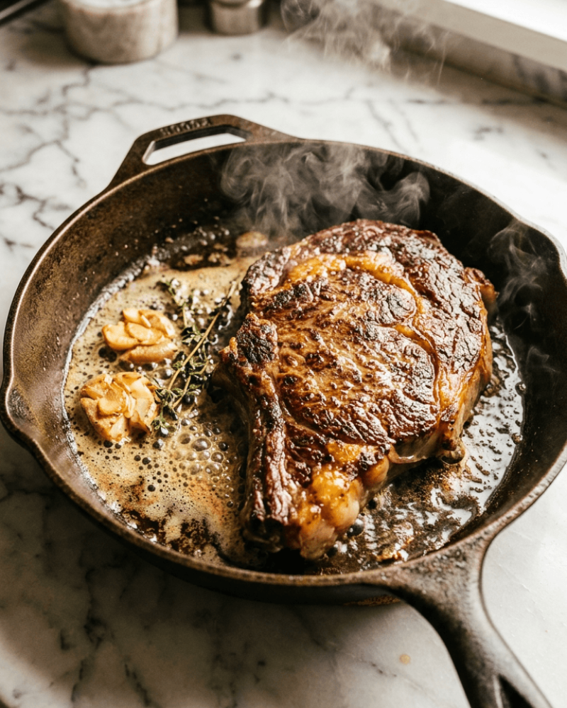 Bavette steak searing in cast iron skillet with roasted garlic cloves and butter