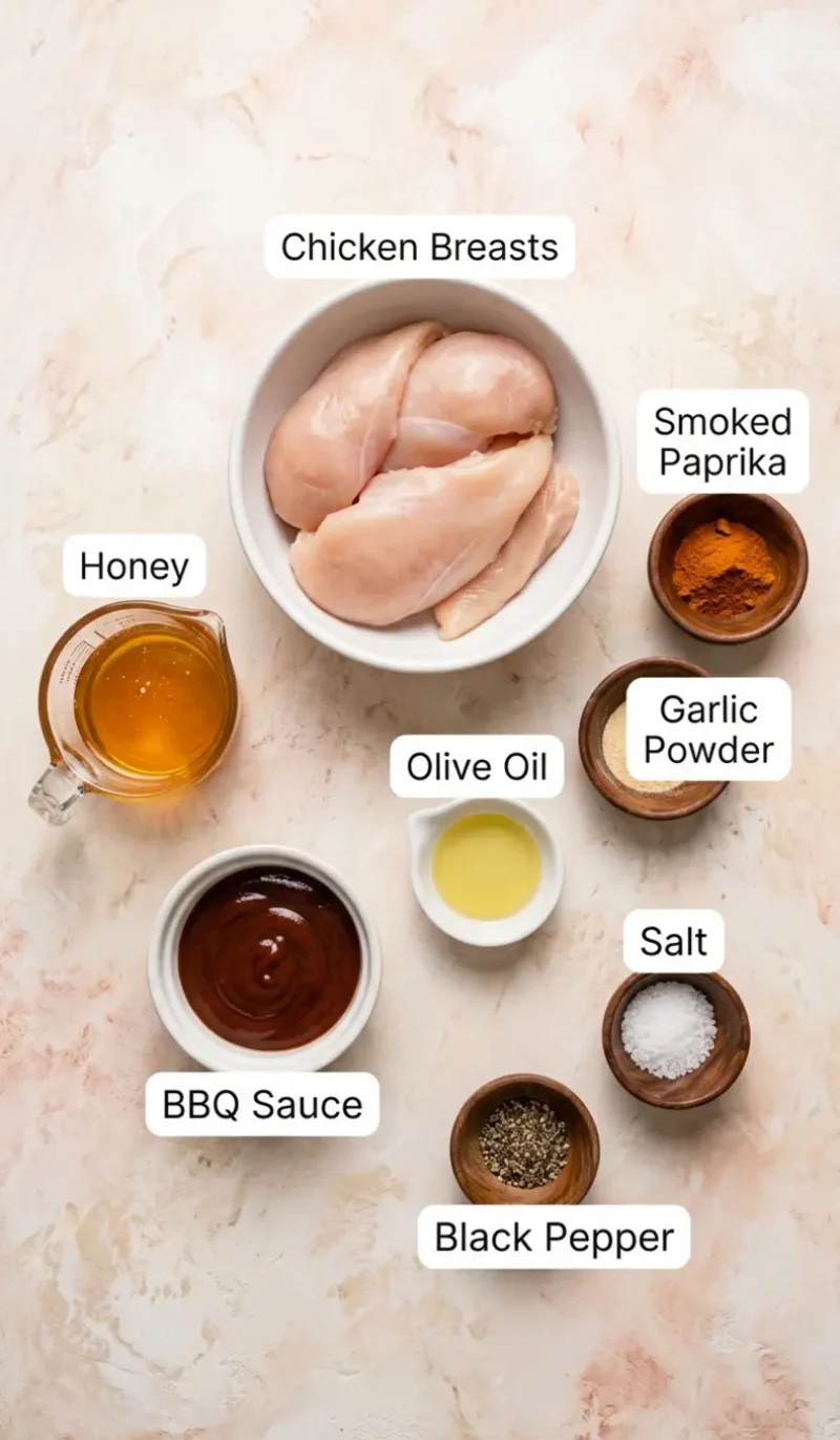 all 8 ingredients for 30-Minute BBQ Baked Chicken Breasts arranged on a cream and blush plaster surface