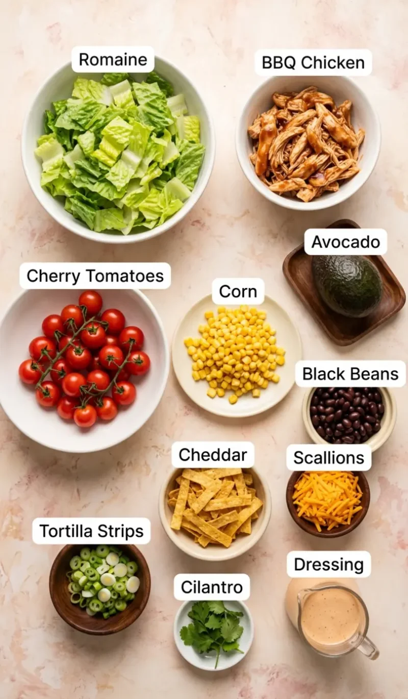 all 11 ingredients for bbq chicken chopped salad arranged on a cream and blush plaster surface