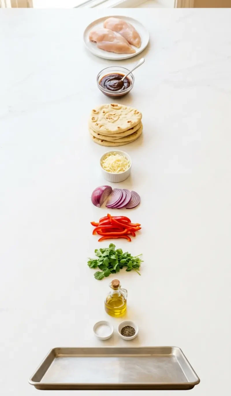 Exploded view of all 9 ingredients for BBQ chicken flatbreads arranged vertically on white marble