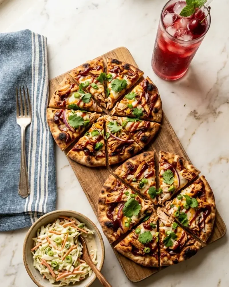 Overhead view of BBQ chicken flatbreads with coleslaw and a mocktail