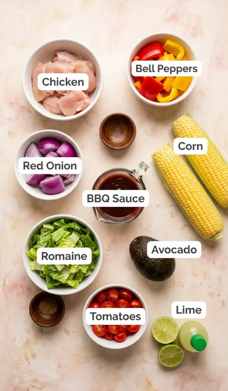 labelled overhead flatlay of all 9 ingredients for BBQ Chicken Skewer Salad on a cream and blush plaster surface