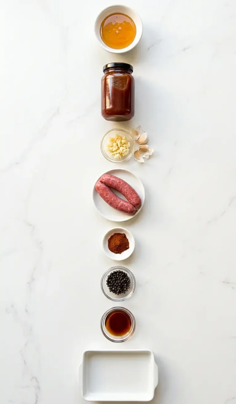 Exploded view of all 7 ingredients for BBQ Sausage Bites arranged vertically on white marble