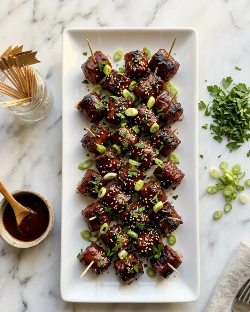 Overhead view of BBQ Sausage Bites party spread with dipping sauce and garnishes