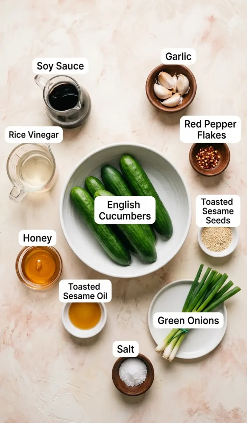 all 10 ingredients for best asian cucumber salad arranged on a cream and blush plaster surface