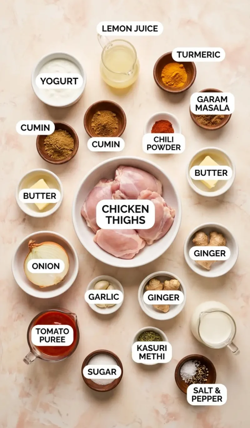 Labelled overhead flatlay of all 16 ingredients for The Best Butter Chicken (Murgh Makhani) on a cream and blush plaster surface, each ingredient named