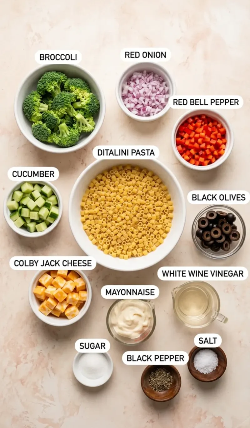 Labelled overhead flatlay of all 12 ingredients for The Best Creamy Pasta Salad on a cream and blush plaster surface, each ingredient named
