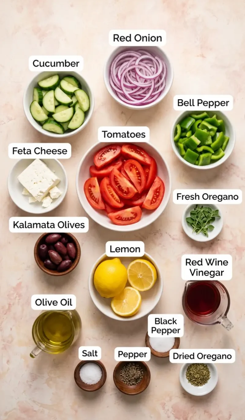 Labelled overhead flatlay of all 13 ingredients for The Best Greek Salad on a cream and blush plaster surface, each ingredient named