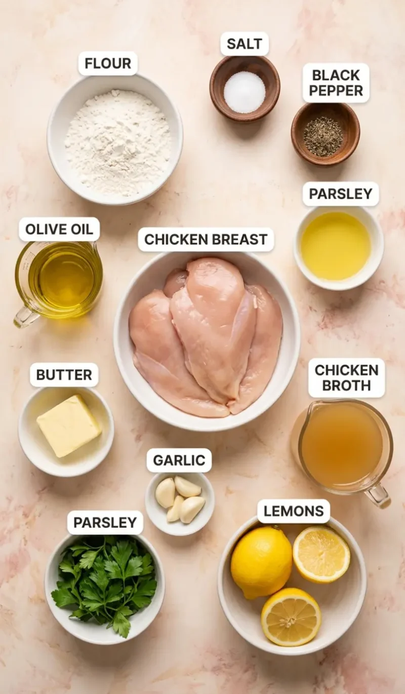 Labelled overhead flatlay of all 10 ingredients for best lemon chicken on a cream and blush plaster surface, each ingredient named